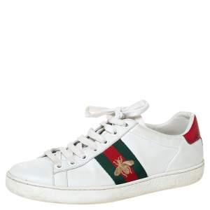 Gucci White Leather Embroidered Bee Ace Low-Top Sneakers Size 35.5