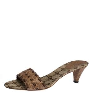 Pre Owned صندل سلايد غوتشي بمقدمة مفتوحة و مزين بشعار الماركة جلد بني مقاس 37.5