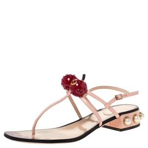 مملوكة مسبقًا Gucci Pink Leather Hatsumomo Cherry Thong Sandals Size 38