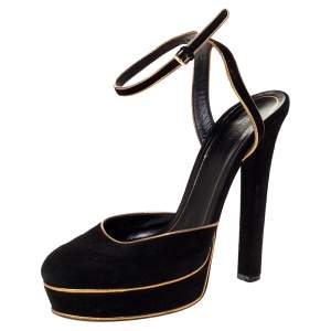 Pre Owned صندل غوتشي نعل سميك سير كاحل هوستون حافة جلد ذهبي وسويدي أسود مقاس 39