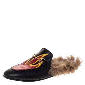 Gucci Black Leather And Fur Princetown Flame Horsebit Flat Mules Size 37