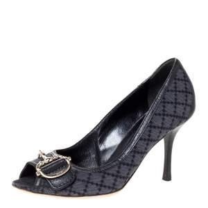 Gucci Black Diamante Canvas Horsebit Peep Toe Pumps Size 37