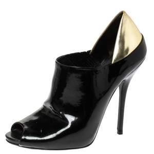 Pre Owned Gucci Black/Metallic Gold Patent Leather Peep Toe Booties Size 40