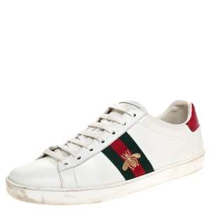 Gucci White Leather Embroidered Bee Ace Low-Top Sneakers Size 39