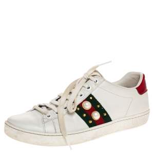 Gucci White Leather Web Detail New Ace Faux Pearl Embellished Low Top Sneakers Size 36.5