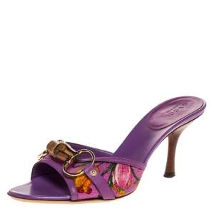 Pre Owned صندل سلايد غوتشي مزين هورسبيت بامبو كانفاس مورد متعدد الألوان مقاس 36