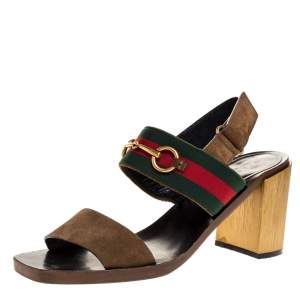 Pre Owned Gucci Brown Suede Web Horsebit Slingback Block Heel Sandals Size 40.5