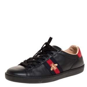 Gucci Black Leather Ace Web Bee Low Top Lace Up Sneakers Size 40