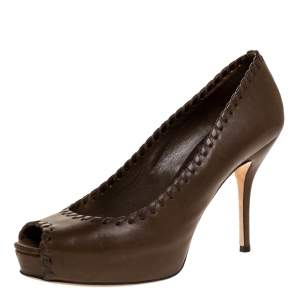 Gucci Dark Brown Leather Whipstitch Peep Toe Platform Pumps Size 38.5