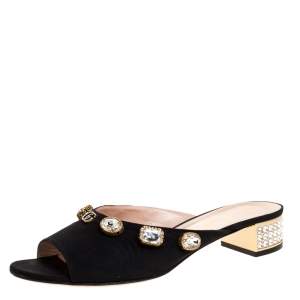 Pre Owned Gucci Black Moire Fabric Embellished Slide Open Toe Mules Size 40.5