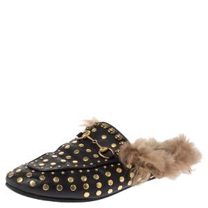 مملوكة مسبقًا Gucci Black Leather Fur Lined Studded Princetown Flat Mule Loafers Size 36