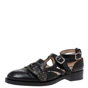 Pre Owned Gucci Black Brogue Leather Queercore Ankle Strap Flats Size 39.5