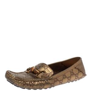 مملوكة مسبقًا Gucci Metallic Bronze Guccissima Leather Bamboo Horsebit Loafer Size 37.5