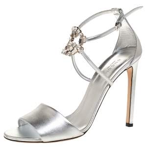 Pre Owned Gucci Metallic Leather Crystal Embellished GG Logo Ankle Strap Sandals Size 40