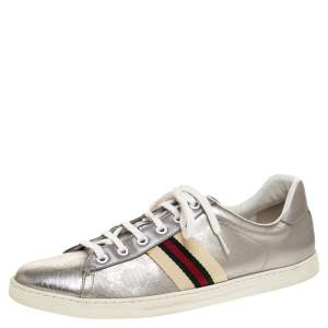 Gucci Silver GG Leather Ace Low Top Sneakers Size 39.5