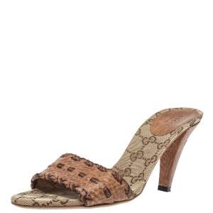 مملوكة مسبقًا Gucci Brown Leather And GG Canvas Slide Sandals Size 37
