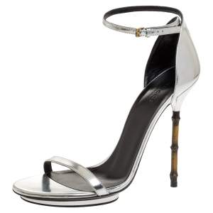 Pre Owned Gucci Silver Leather Bamboo Heel Ankle Strap Sandals Size 39