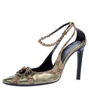 Pre Owned Gucci Monogram Canvas And Bronze Leather Tom Ford Era Dragon Embellished Ankle Strap Pumps Size 38.5