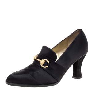 Pre Owned Gucci Black Satin And Suede Crystal Embellished Horsebit Loafers Pumps Size 39