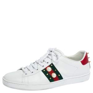 Gucci White Leather Web Detail New Ace Faux Pearl Embellished Low Top Sneakers Size 40