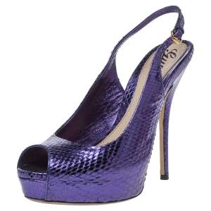 مملوكة مسبقًا Gucci Metallic Purple Python Sofia Platform Peep Toe Slingback Sandals Size 36.5