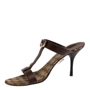 مملوكة مسبقًا Gucci Brown Leather T-Strap Slide Sandals Size 40.5