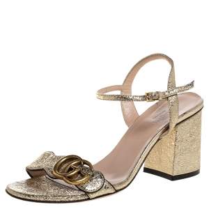 Pre Owned Gucci Metallic Gold Foil Leather Marmont Block Heel Ankle Strap Sandals Size 36