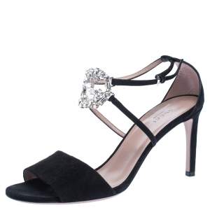 Pre Owned Gucci Black Suede Leather Crystal Embellished GG Interlock Ankle Strap Sandals Size 40