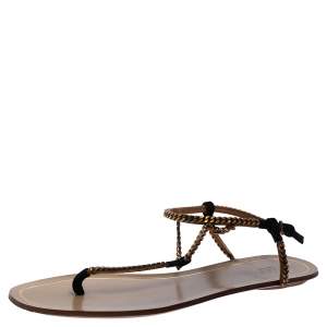 Pre Owned صندل بإصبع غوتشي سير كاحل سلسلة معدن وسويدي أسود مقاس 36