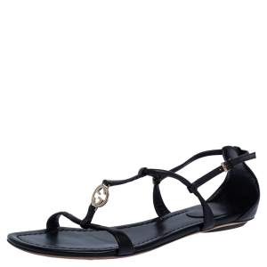 Pre Owned صندل فلات غوتشي مزخرف جي جي متداخل جلد أسود مقاس 36