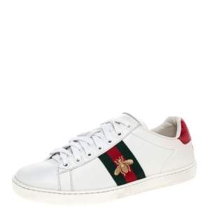 Gucci White Leather Embroidered Bee Ace Low-Top Sneakers Size 37