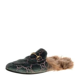 Pre Owned Gucci Green GG Velvet and Fur Lined Princetown Flat Mule Size 38.5