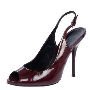 Pre Owned Gucci Burgundy Patent Leather Peep Toe Slingback Sandals Size 37.5