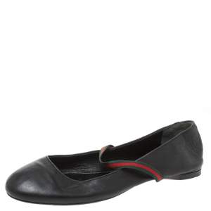 Gucci Black Leather Web Elastic Mary Jane Ballet Flats Size 38