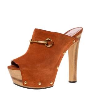 Pre Owned Gucci Brown Suede Horsebit Open Toe Platform Mules Size 39.5