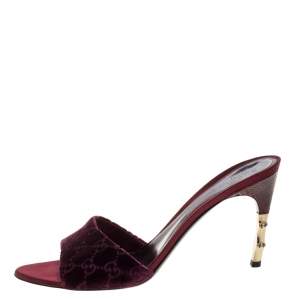 مملوكة مسبقًا Gucci Burgundy GG Velvet and Snakeskin Bamboo Heel Slides Size 41