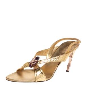 مملوكة مسبقًا Gucci X Tom Ford Metallic Gold Python Snake-head Embellished Slingback Sandals Size 40.5