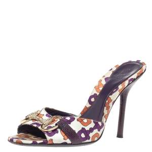 Pre Owned صندل سلايد غوتشي هورسبيت مزخرف كريستال مطبوع هورسبيت متعدد الألوان ساتان أبيض مقاس 37