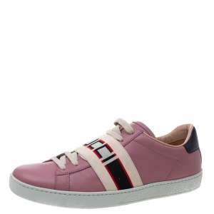 مملوكة مسبقًا Gucci Pink Leather Ace Gucci Stripe Low Top Sneakers Size 38.5