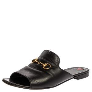 Pre Owned صندل سلايد فلات مالاغا كيد جلد أسود مقاس 39.5