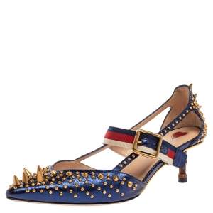 Gucci Blue Metallic Blue Leather Studded Leather Sylvie Mary Jane Pointed Toe Pumps Size 37.5