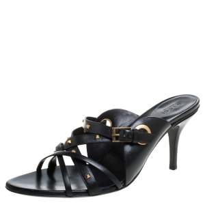 Pre Owned Gucci Black Leather Studded Open Toe Sandals Size 39.5