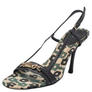 Gucci Black/Green Leather Gucci Embellished Slingback Sandals Size 36