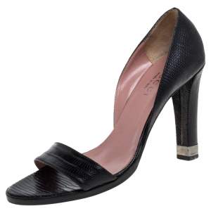 Pre Owned صندل غوتشي مقدمة مفتوحة جلد نقشة السحلية أسود مقاس 37.5