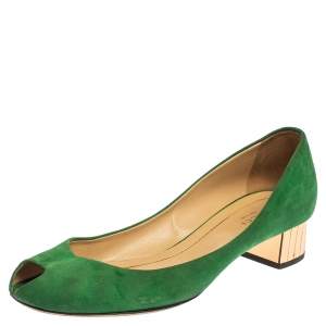 مملوكة مسبقًا Gucci Green Suede Peep Toe Block Heel Pumps Size 38.5