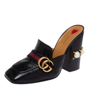 Pre Owned Gucci Black Leather Peyton GG Web Detail Pearl Studded Mules Size 39.5