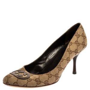 Pre Owned Gucci Beige GG Canvas Slip On Pumps Size 38.5