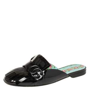 Pre Owned Gucci Black Patent Leather Marmont Fringe Detail Slippers Size 38