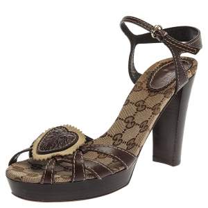 Gucci Brown GG Canvas and Leather Hysteria Ankle Strap Platform Sandals Size 39
