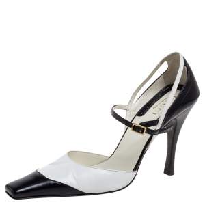 Gucci Black/White Leather Ankle Strap Square Toe Sandals Size 38.5